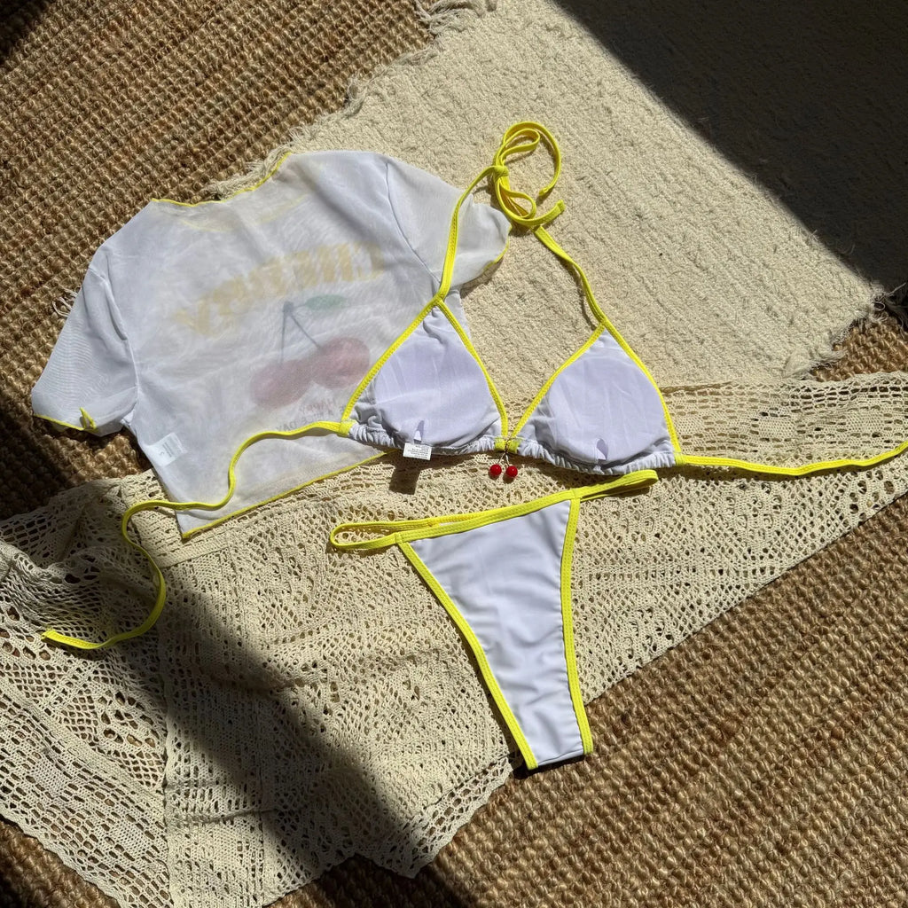 Cherry Print Mesh Short Sleeve Bikini Female Swimsuit Women Swimwear Three-pieces Bikini Set Micro Bathing Suit Swim Beachwear