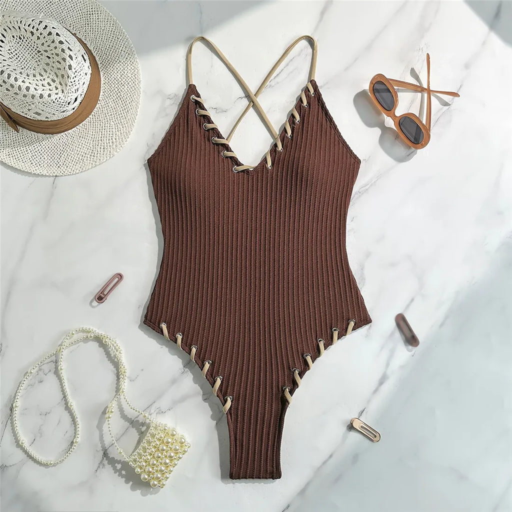 5 Colors V Neck Ribbed Cross Back One Piece Swimsuit Women Swimwear Female High Leg Cut Monokini  Bather Bathing Suit Swim V6278