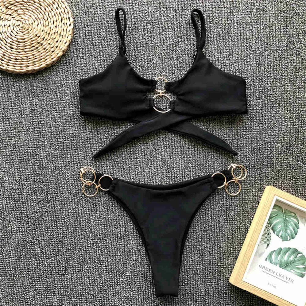 Sexy Metal Rings Leopard Brazilian Bikini Female Swimsuit Women Swimwear Two-piece Bikini set Bather Bathing Suit Swim V1441L