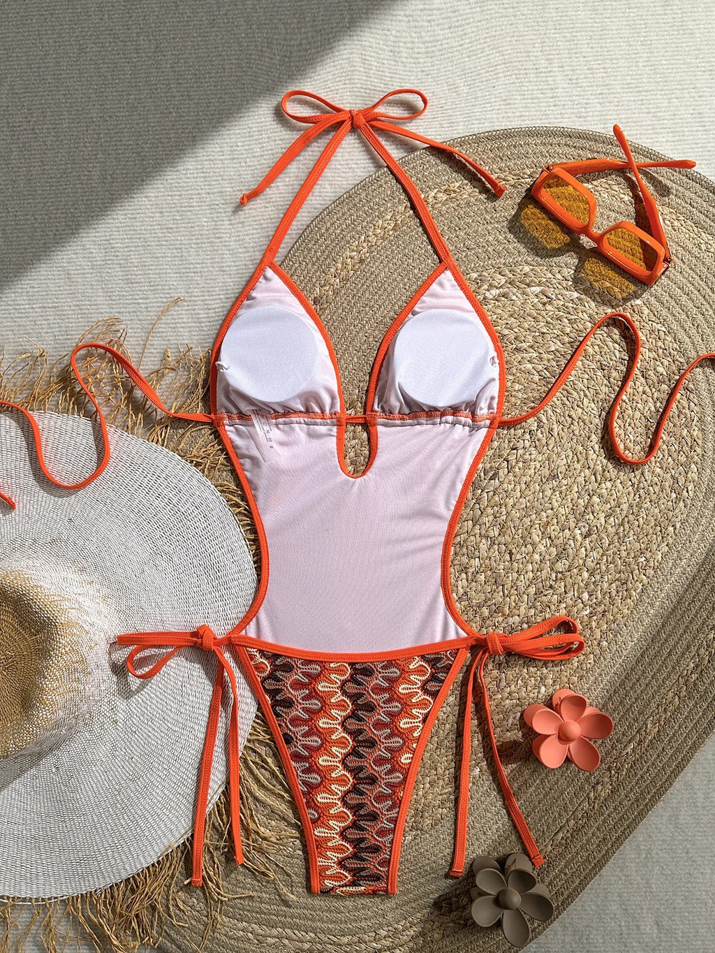 New Sexy Orange Stripe One Piece Swimsuit 2026 Women V Neck Hollow Out Backless Thong Bikini Beach Holiday Bathing Suit Swimwear
