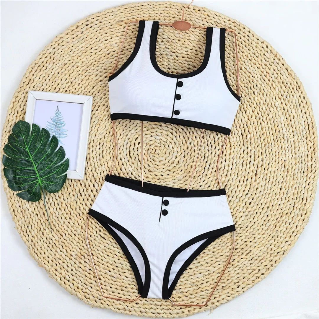 2026 New With Button Mid Waist Bikini Female Swimsuit Women Swimwear Two-Pieces Bikini Set Padded Bather Bathing Suit Swim V8315