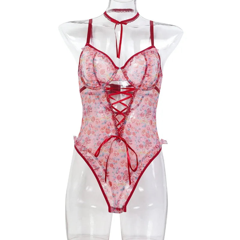 Toucheart Sexy Women Lace Backless Interesting  Babydoll Bodysuit Wrap Dress High Waisted Printing Bow Knot  Babydoll Bodysuit