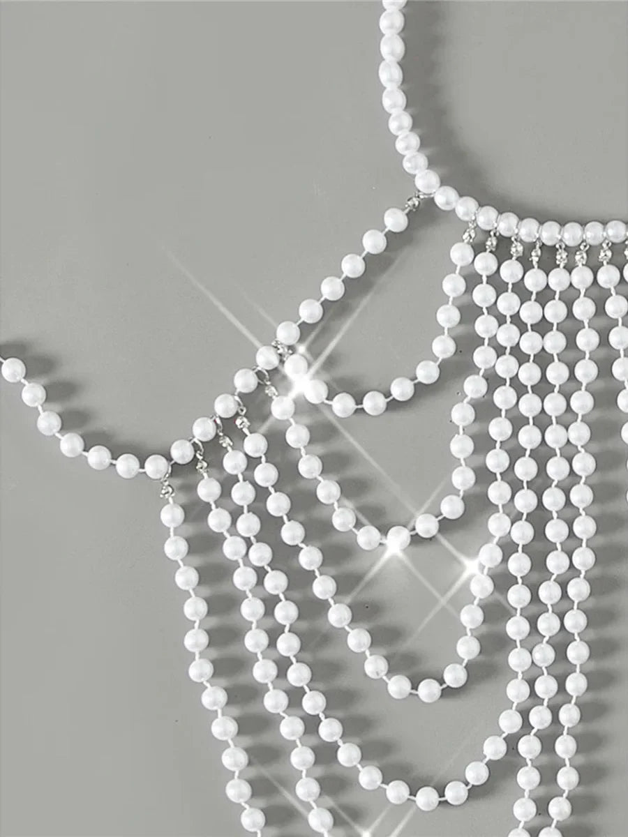 Luxury Pearls Chain Halter Hollow Out See Through Bikini Top Female Swimsuit Women Swimwear Bather Bathing Suit Swim Beach Top