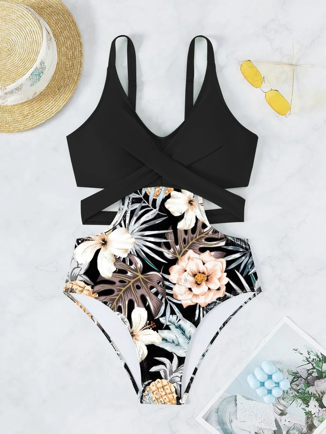 One Piece Swimsuit Women Vintage Green Floral Print Hollow Out Backless High Waist Bikini 2025 Bathing Suit Bandage Swimwear