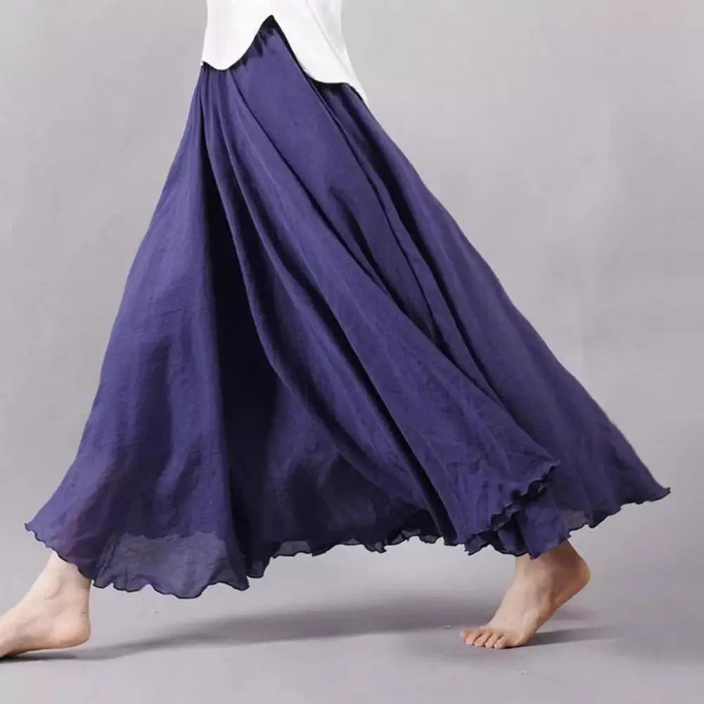 Maxi Skirt Double Layer Women Skirt A-Line Loose Fit Elastic Waist Solid Color Design Flowy Skirt Spring Summer Casual Wear