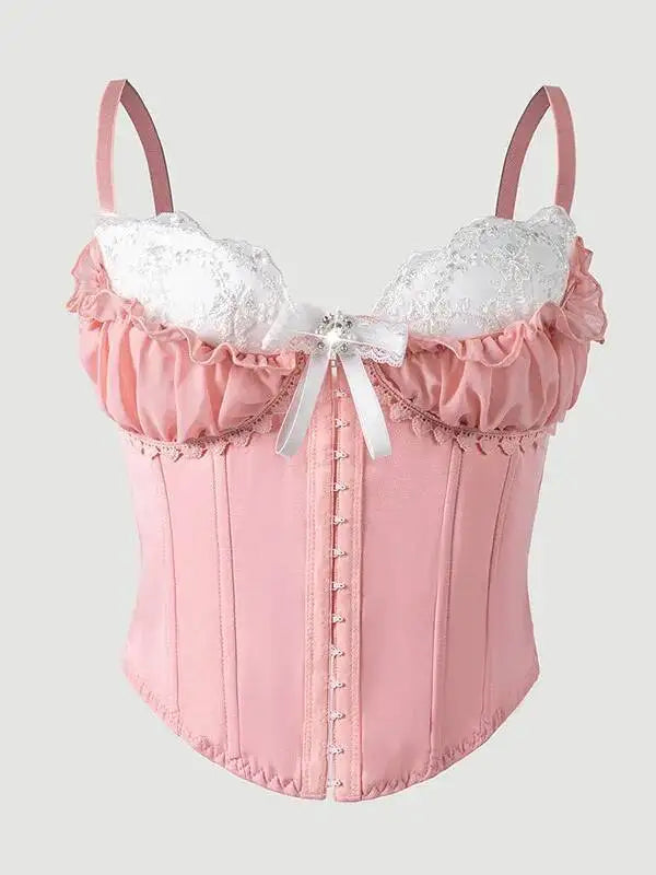 Sexy Top Mesh Lace Patchwork Cotton Hot Girl Fishbone Strap High-end Wear Top For Women Bowknot Pure Desire Vest Charming PWGG