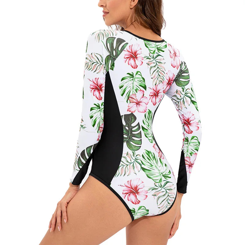 2025 New Patchwork Long Sleeve One Piece Swimsuit Women Swimwear Monokini Bathing Suit Female Bodysuit Surfing Swim Wear Beach