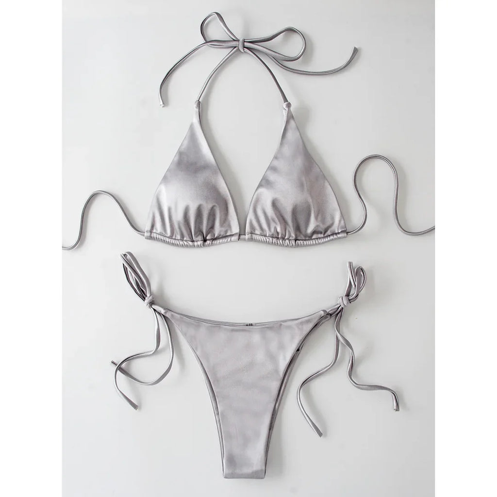 Sexy 13 Colors Halter Satin Brazilian Bikini Women Swimwear Female Swimsuit Two-pieces Bikini set Bather Bathing Suit Swim V4966