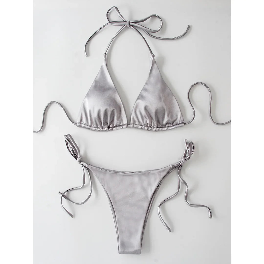 Sexy 13 Colors Halter Satin Brazilian Bikini Women Swimwear Female Swimsuit Two-pieces Bikini set Bather Bathing Suit Swim V4966
