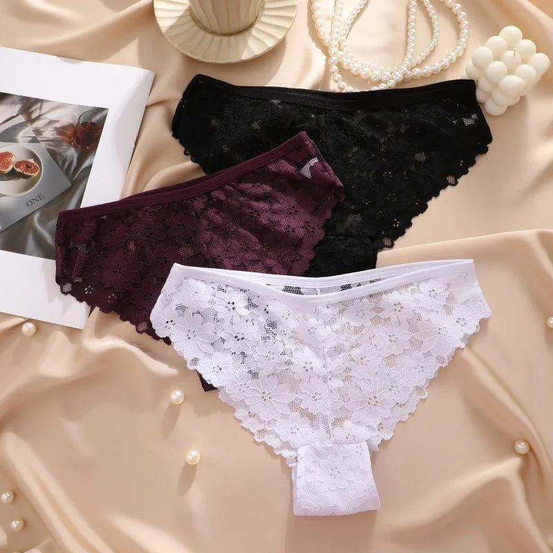 3Pcs Lace Sexy Transparent Panty Women's Panties Sexy Breathable Pink-Brown Series Underwear Female Low Waist Soild Lingerie