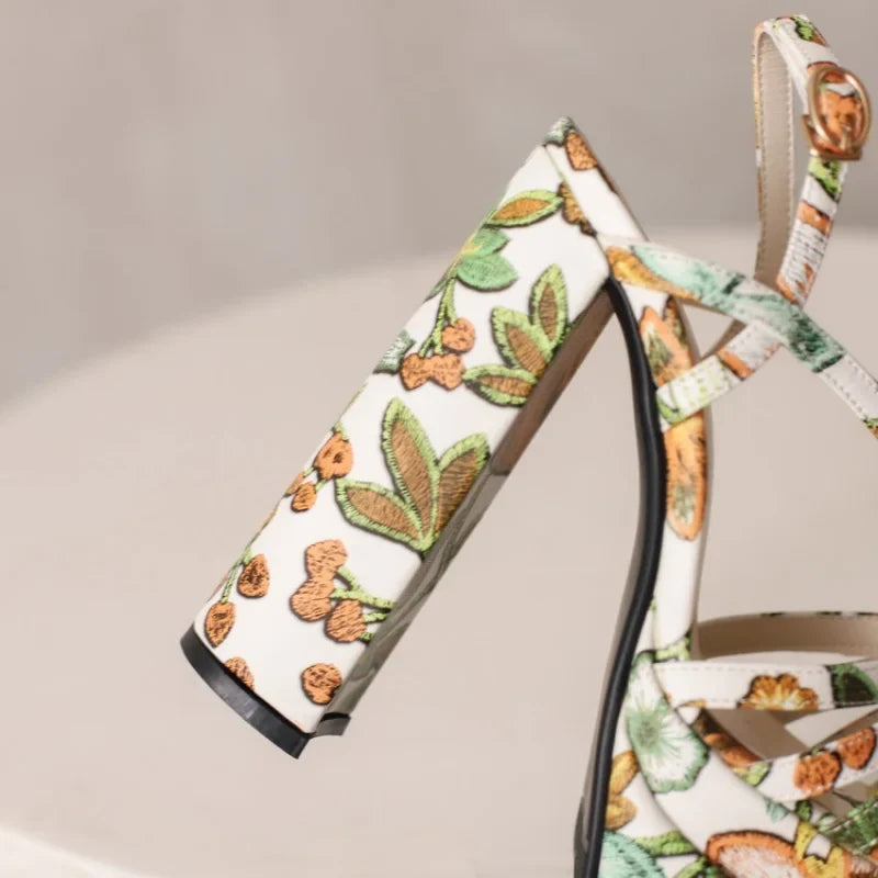 Ethnic Bohemia Sandals Women 2026 Summer Shoes Flower Print Ankle Strap Platform Block High Heels Crystal Pearl Studded