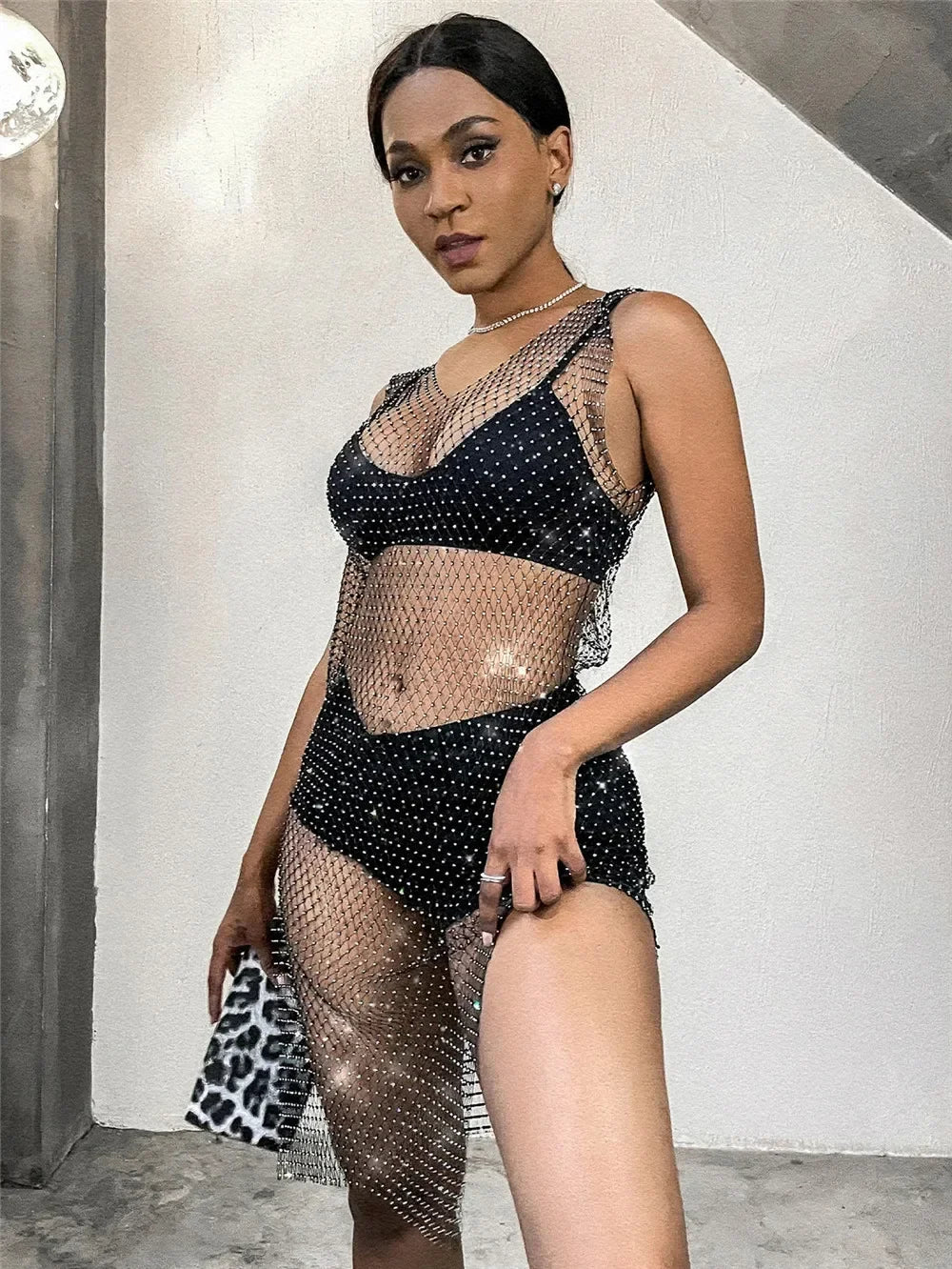 2026 New Fishnet Long Dress V-neck Mesh Sparkling Rhinestone Crystal Swimsuit Bikini Cover Up Beach Bathing Suit Women Cover Ups