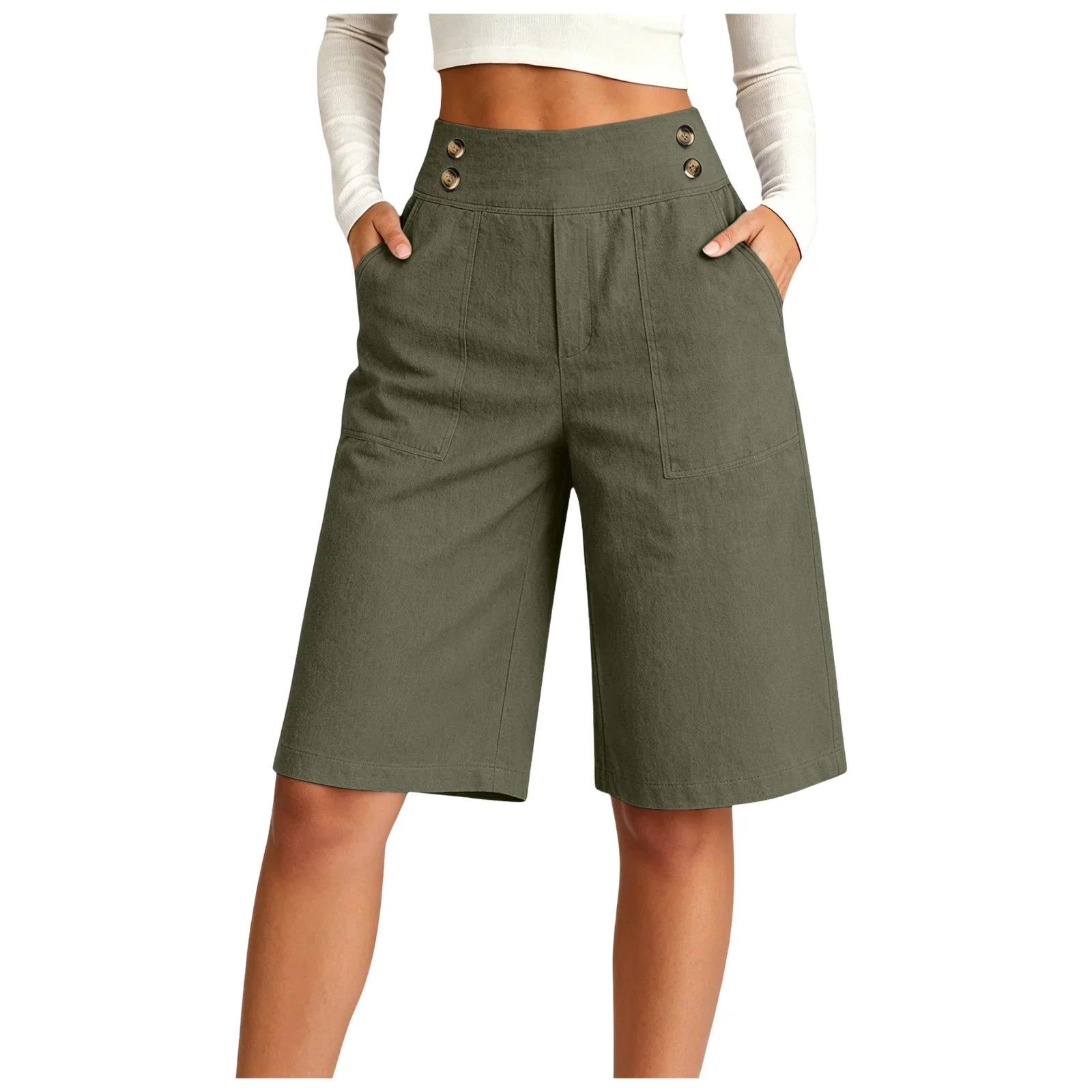 Women's High Waist Cotton Linen Bermuda Shorts Double Breasted Wide Leg Casual Shorts With Pockets Loose Fit Office Summer Short