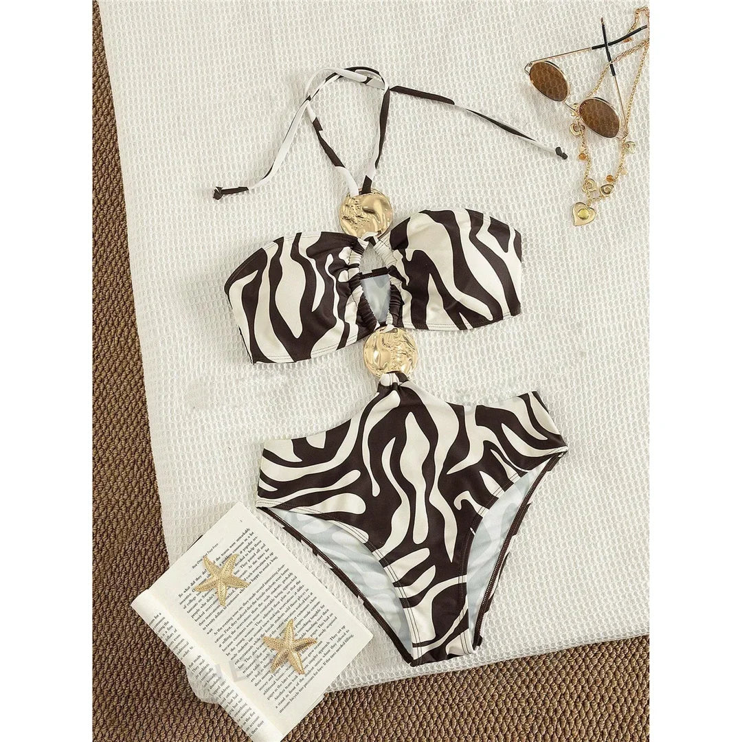 S - XL Leopard Printed Halter One Piece Swimsuit Cut Out Monokini Padded Bather Bathing Suit Swim Women Swimwear Female K8109