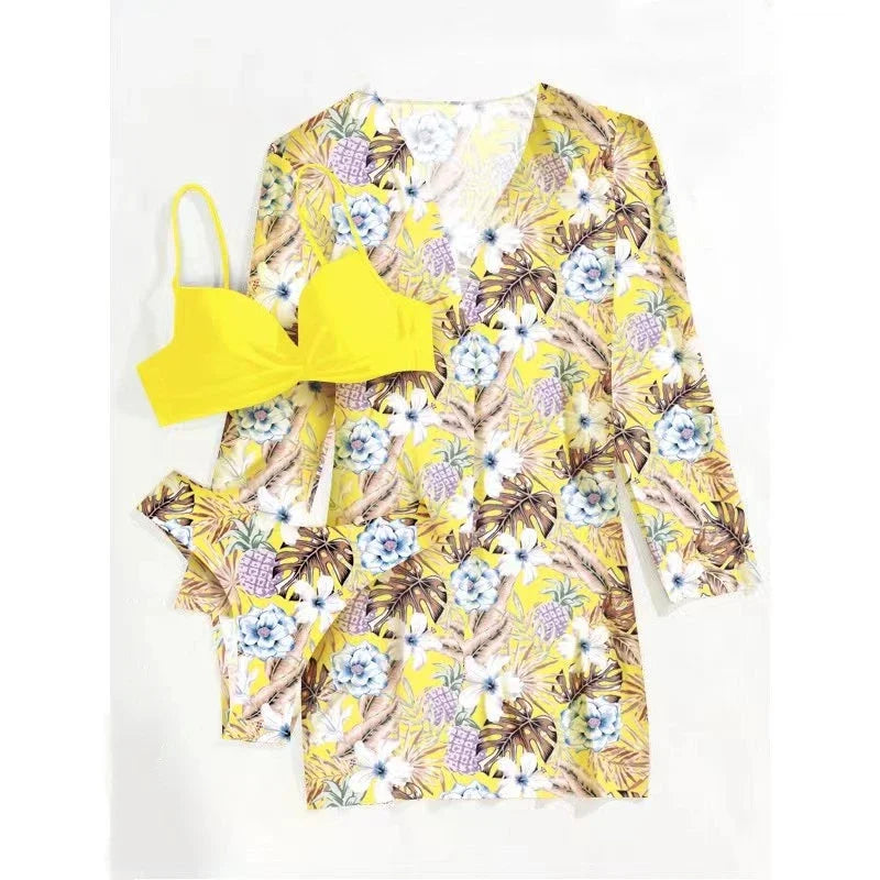 Boho Style Women's 3 Pieces Swimsuit Floral Bikini Set+Long Sleeve Cover-Up Swimwear Sexy Low Waist Tankinis Beachwear Holiday