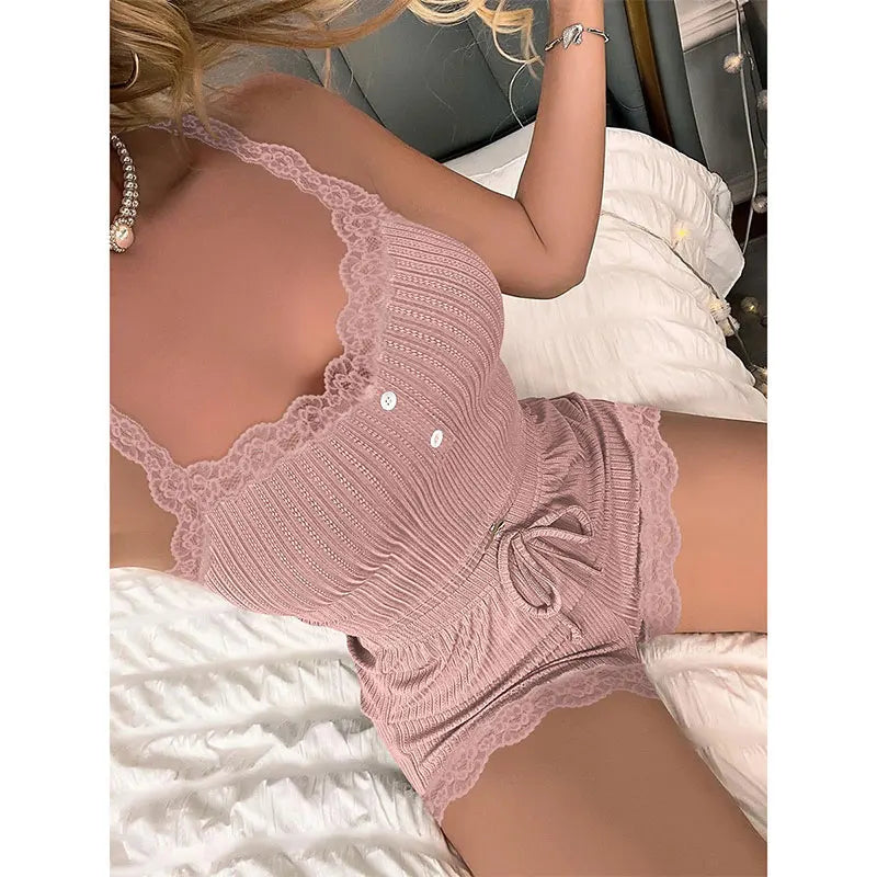 New Solid Sporty Underwear Set Casual Home Apparel Sexy Women Lace Edge Shoulder Strap Design Bra And Shorts Set Female Lingerie