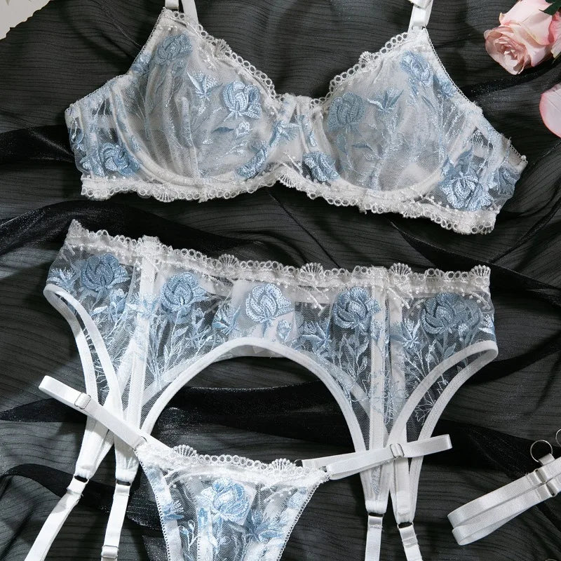 Toucheart Sexy Lingerie Set Lace Patchwork Embroidery Bra Set For Women Perspective Sexy Hanging Neck Underwear Garter Stockings