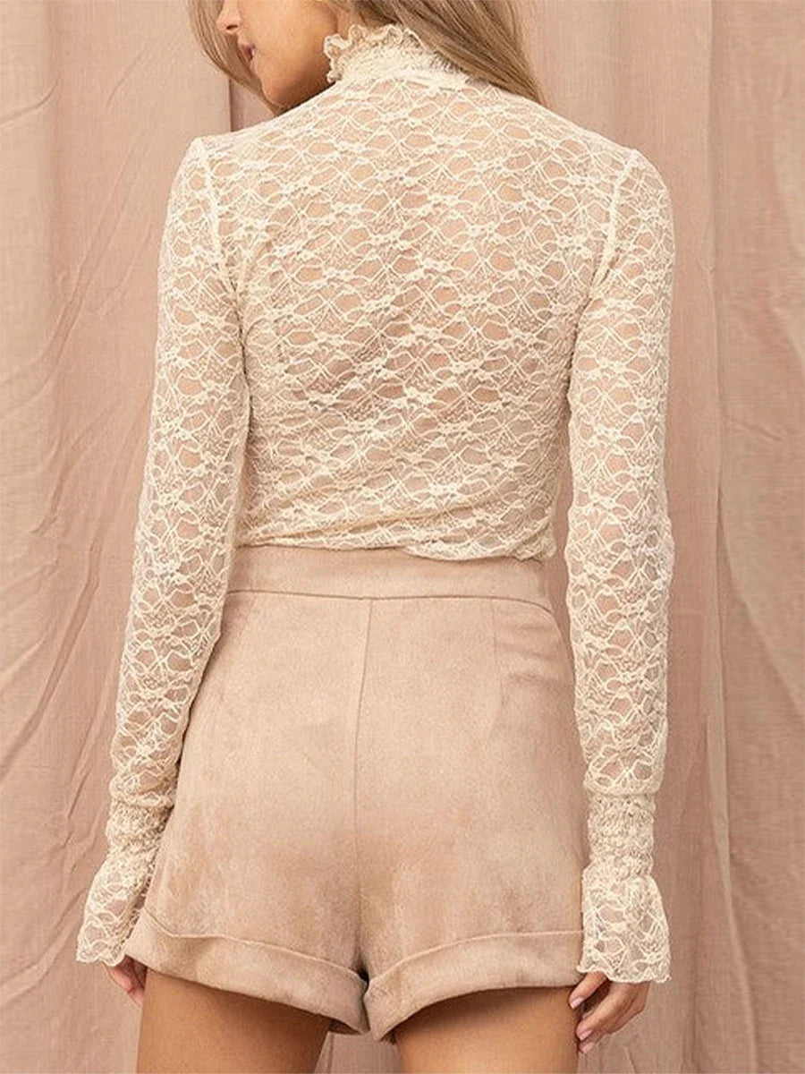 Women's Spring Summer Solid Color Slim Lace Mesh Tops Flare Long Sleeve High Neck Sheer T-Shirt for Party, Daily