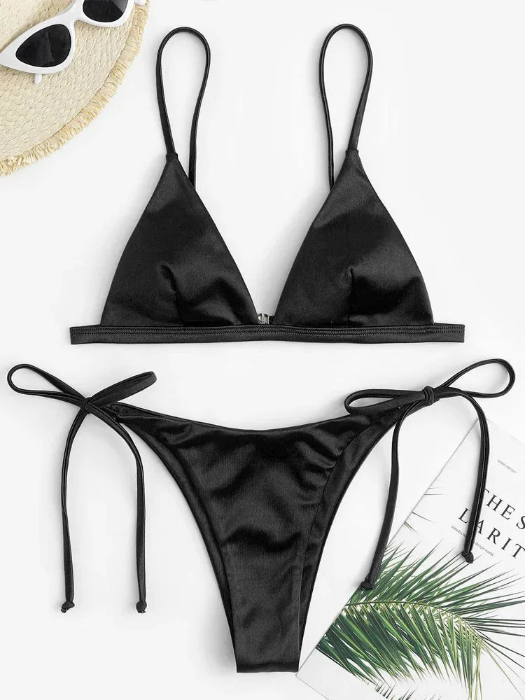 2025 Metallic Satin High Cut Brazilian Bikini Women Swimwear Female Swimsuit Two-pieces Bikini Set Bathing Suit Swim Beach Wear