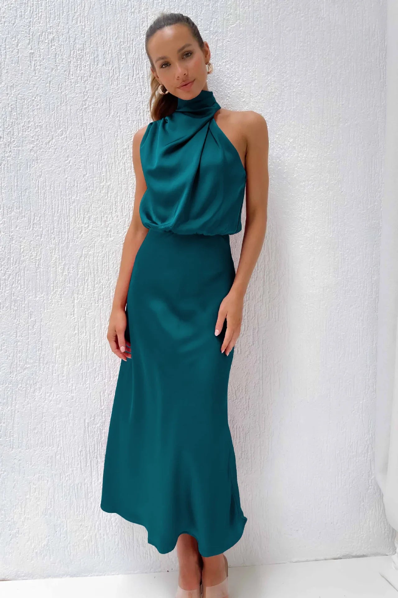 Foridol One Shoulder Turtleneck Tank Satin Women Party Dress Robe Zip Sleeveless Elegant Vintage Folds Women Clothing 2025
