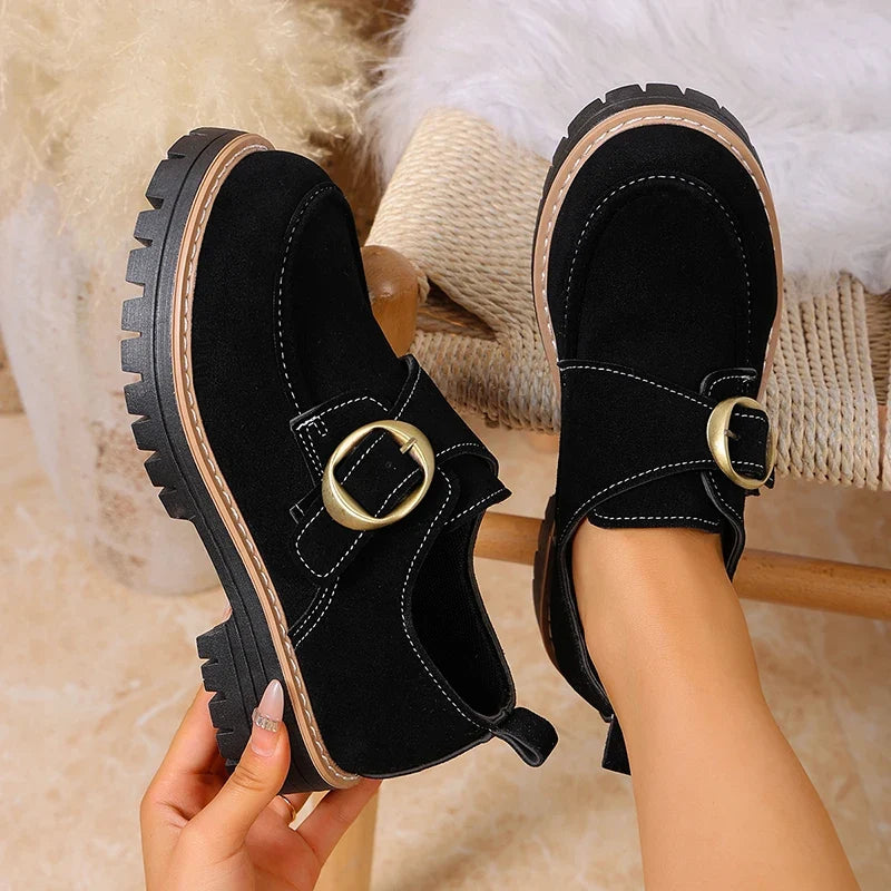 Fashion Buckle Women's Platform Loafers Plus Size 43 Thick Bottom Office Work Shoes Women Non Slip Flock Single Shoes Woman