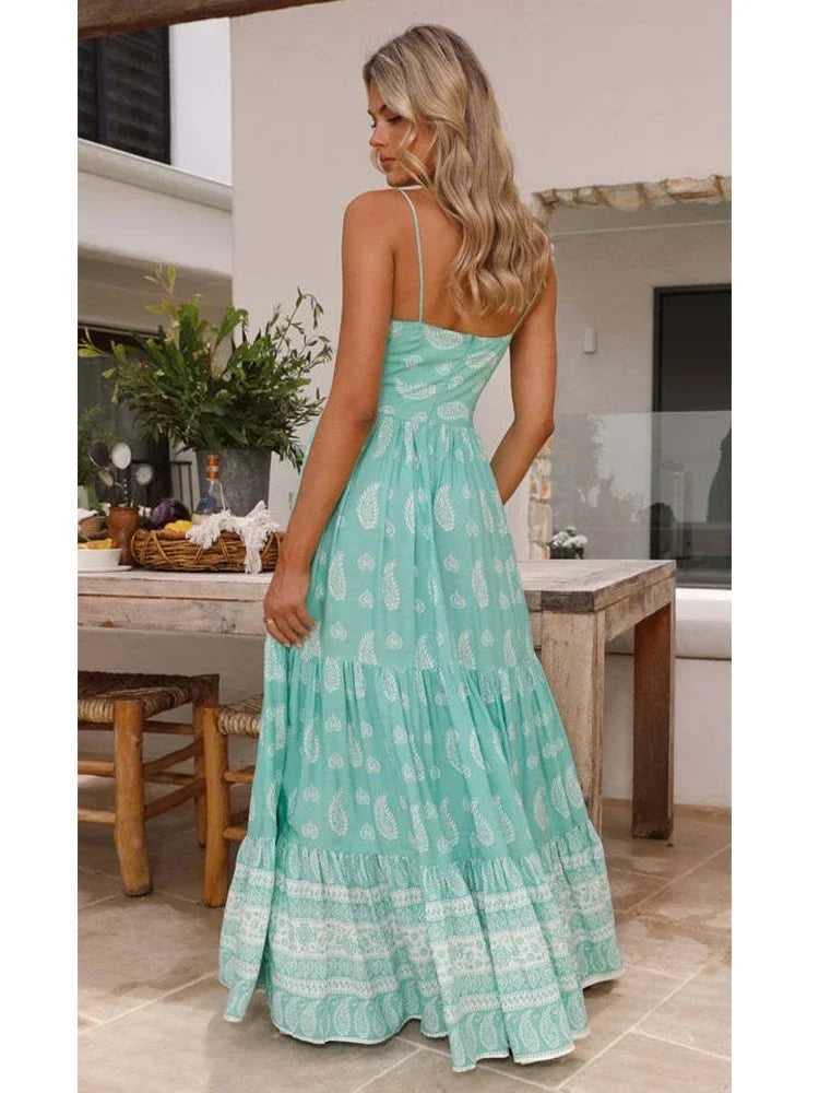 Foridol Spaghetti Strap Sundress Cut Out Women's Dress Summer Printed Boho Beach Maxi Dress 2025 Paisley Printed A-line Vestidos