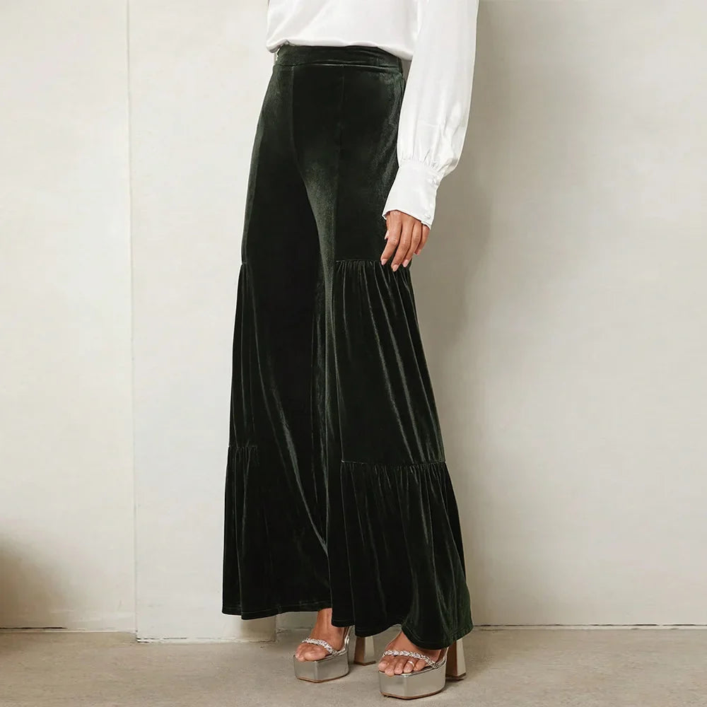 Autumn Winter Velvet Wide-Leg Pants Elegant Ruffled High-Waisted Straight-Leg Pants for Lady Casual Commuter Loose-Fit Trousers