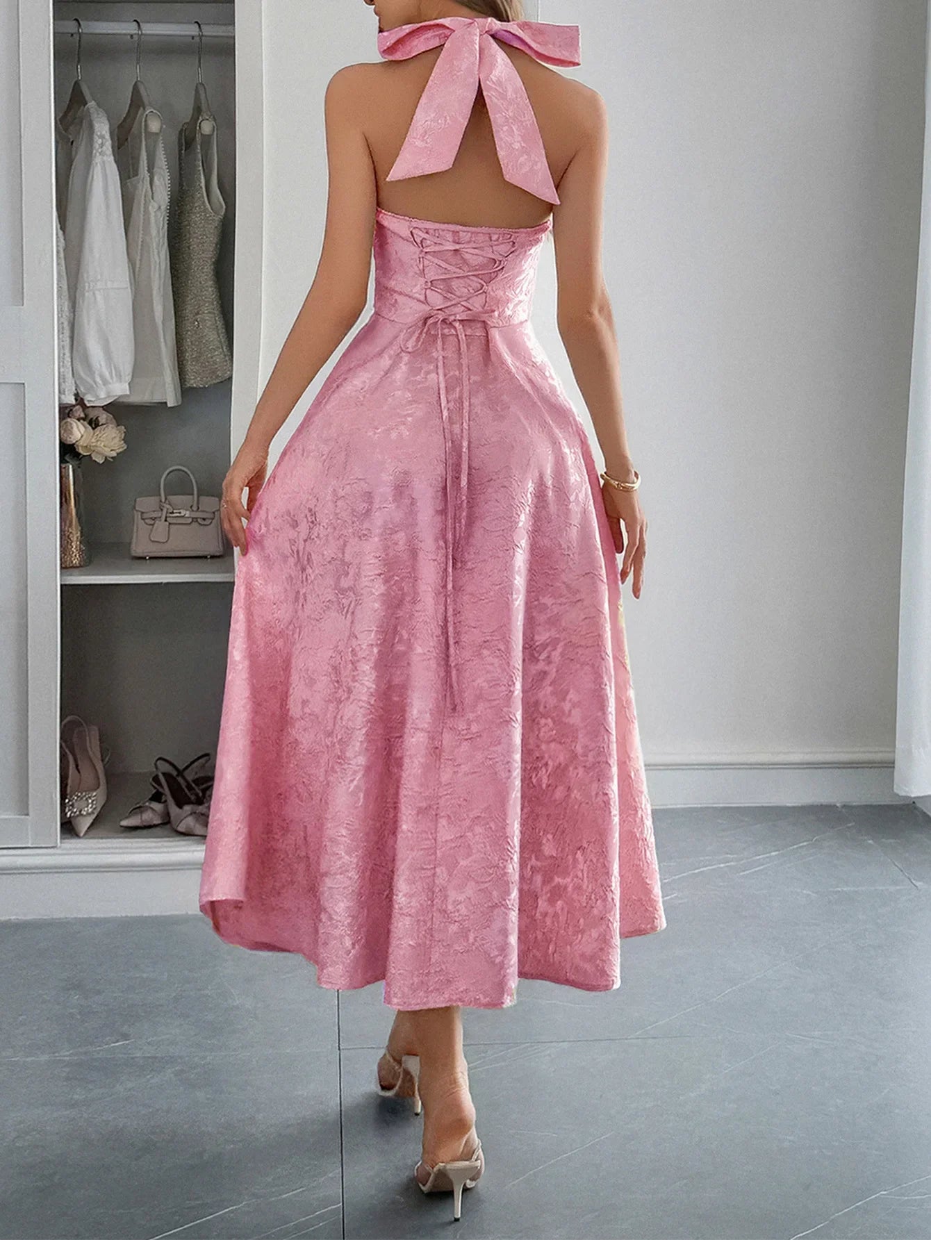 White Jacquard Backless Bow Evening Party Dress Women Robes Backless Elegant Sexy Dress Bodycon Long Summer Dress Vestidos
