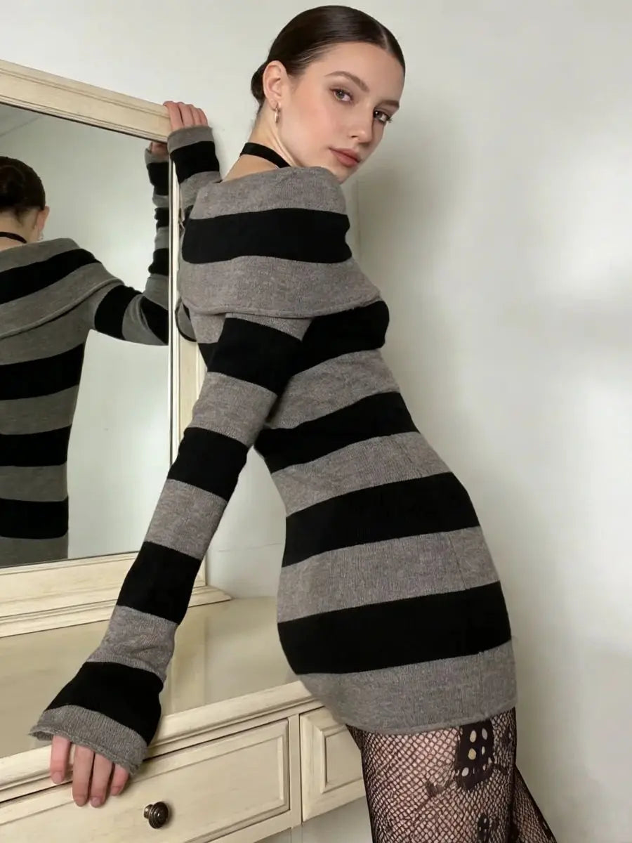 Women Autumn Dress Striped Boat-Neck Long Sleeve Bodycon Short Dress Y2K Gothic Wrapped Hip Party Dresses