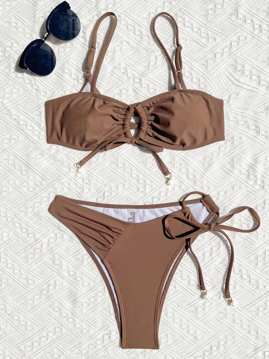 S - XL Asymmetric Wrinkled Hollow Out Bikini Women Swimwear Female Swimsuit Two-pieces Bikini Set Bather Bathing Suit Swim Lady