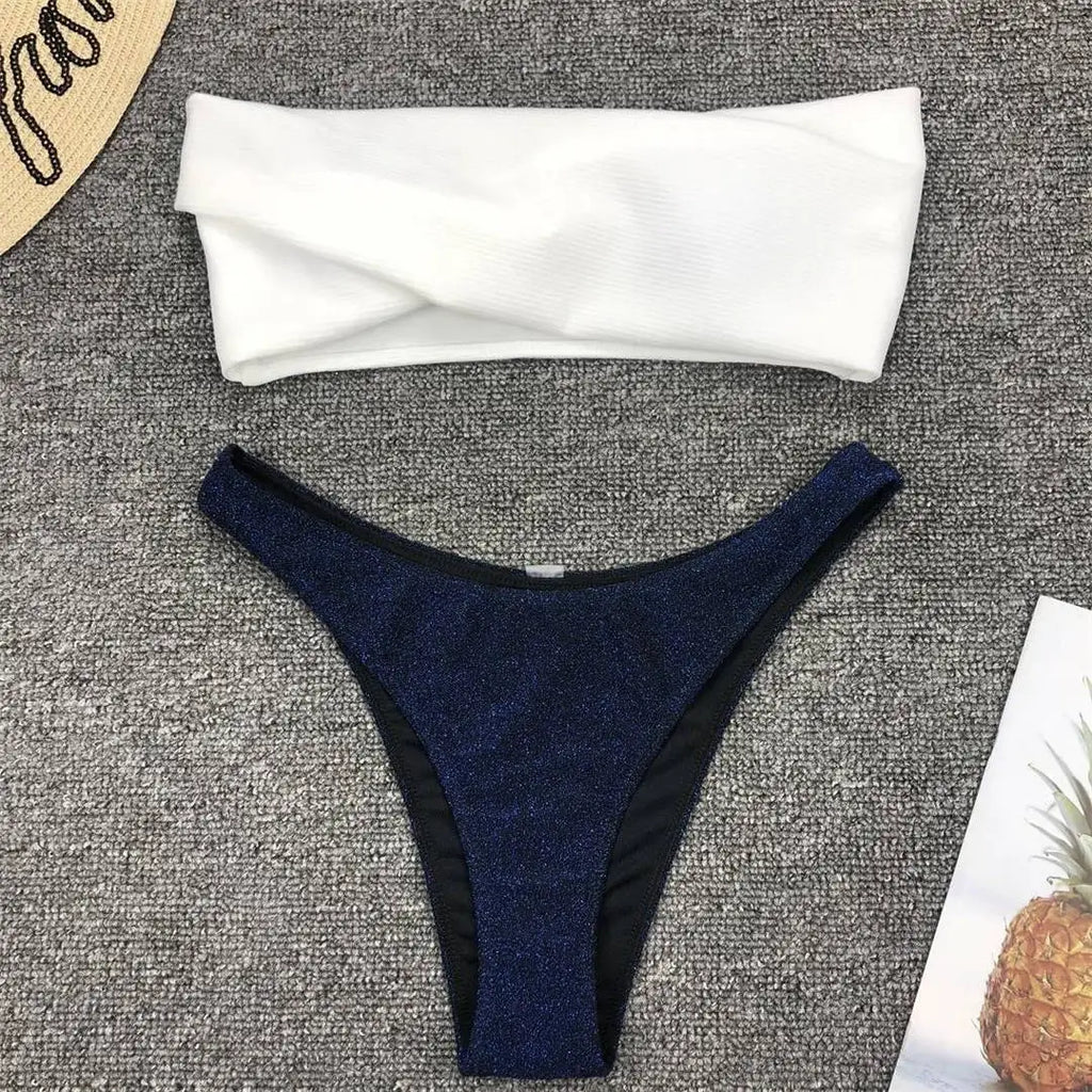 New Sexy Bandeau Shiny Glitter Bikini Women Swimwear Female Swimsuit Two-Pieces Bikini Set Bather Bathing Suit Swim Lady V1109