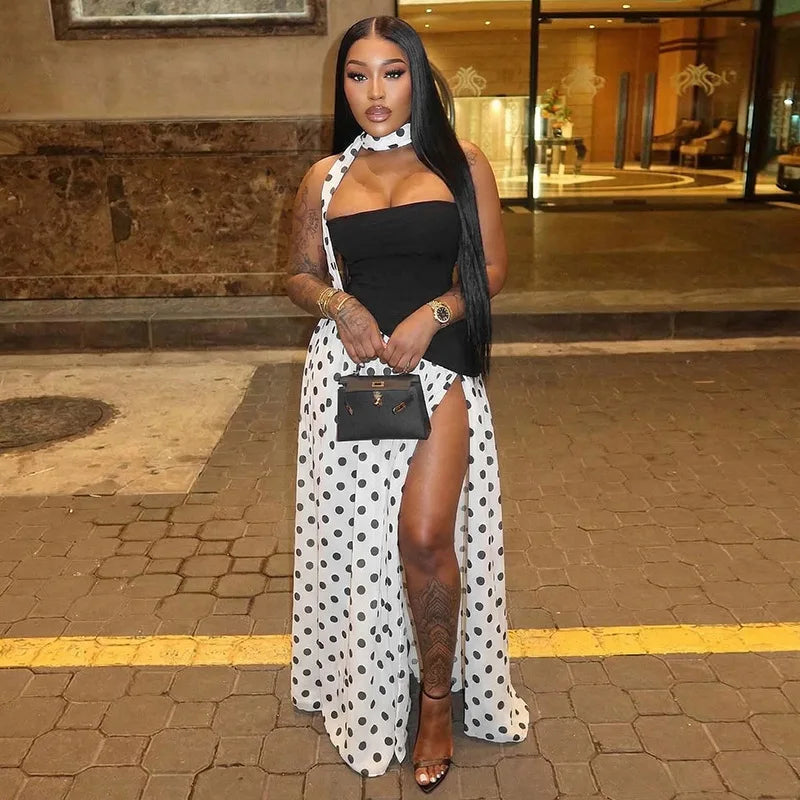 FDYOUI Elegant Bandage Polka Dot Patchwork Evening Dresses Women's 2026 Summer Off Shoulder High Slit Pleated Long Party Dress