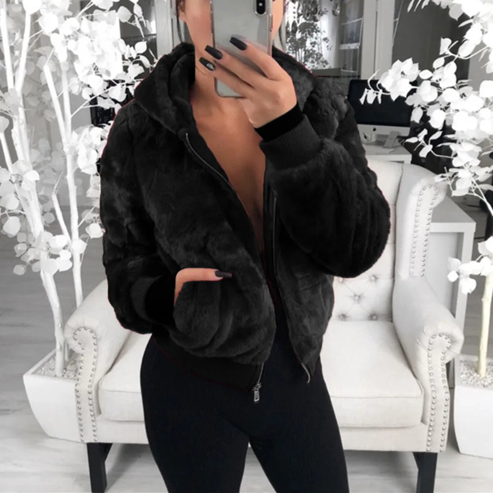 Phantasy Women's Hoodies Women Clothing Streetwear New Style Fashion Hooded Imitation Fur Plush Coat Solid Color Jacket Female