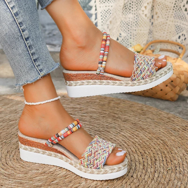 Colorful Woven Wedges Sandals Women 2025 Summer Thick Bottom Platform Slippers Woman Plus Size Slip On Bohemian Sandalias Mujer