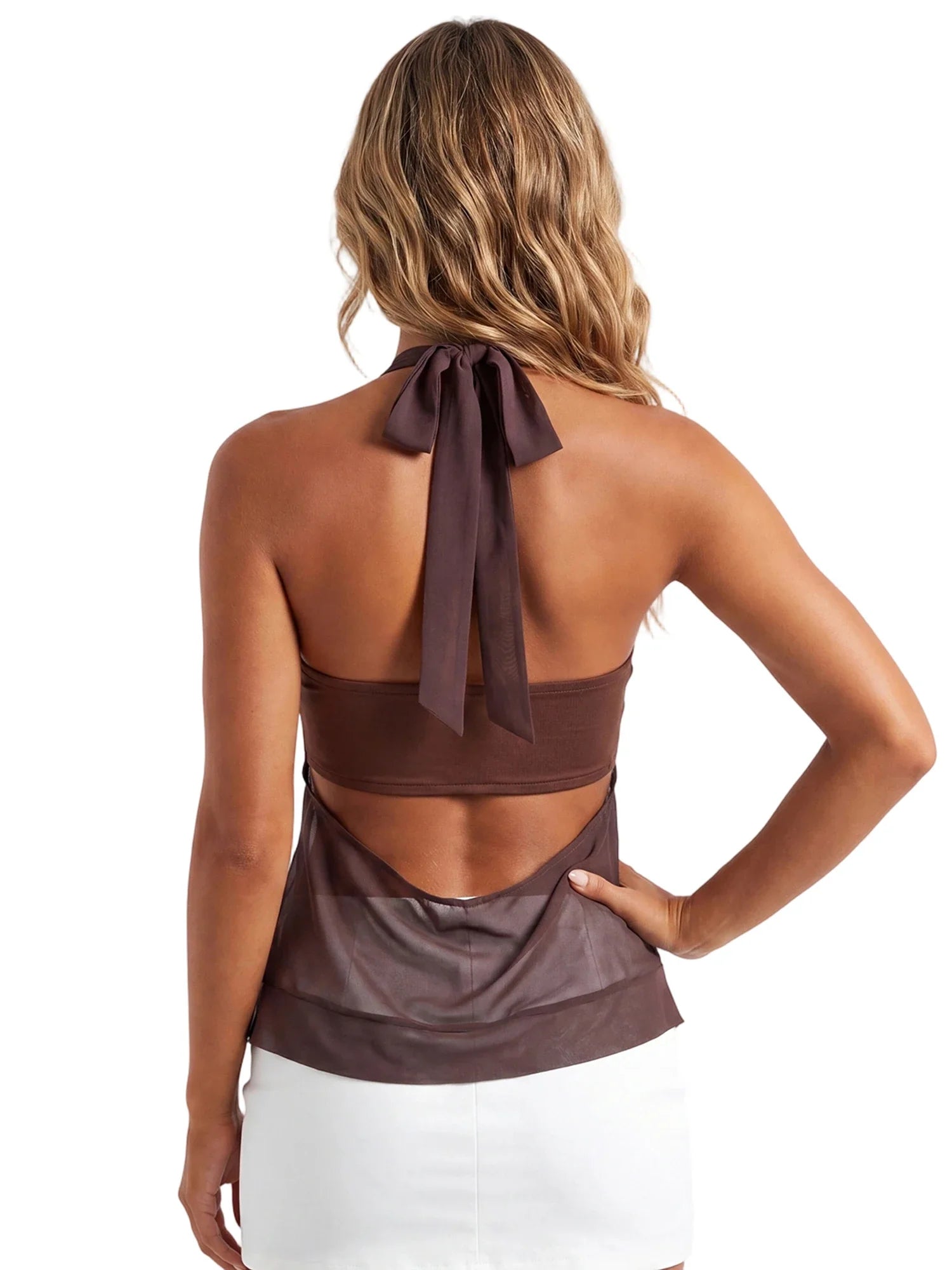 Summer Women Elegant 2 Piece Tops Mesh Sheer Halter Cowl Neck Sleeveless Vest with Buckle Tube Top Going Out Blouse Streetwear