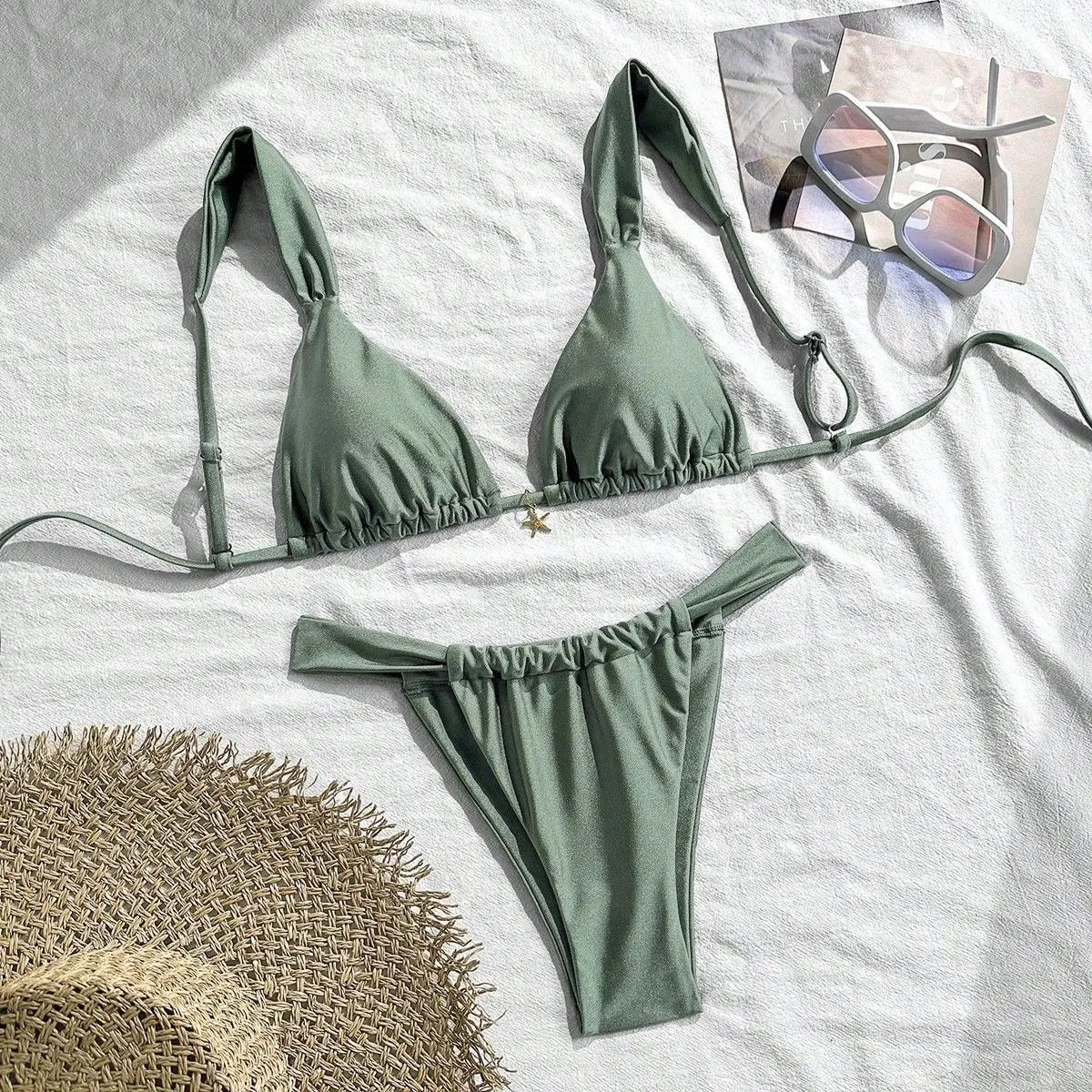 Sexy Starfish Ornament Bikini Set 2026 Women Sky Blue Pleate Push Up Bra Pleate Thong Swimwear Beach Bathing Suit Micro Swimsuit