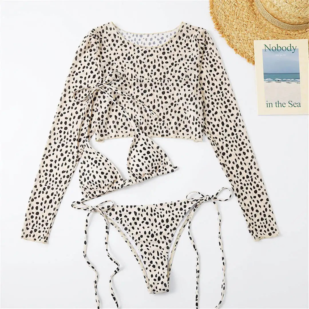 S- XXL Leopard Printed Long Sleeve Bikini Women Swimwear Female Swimsuit Three-Pieces Bikini Set Bather Bathing Suit Swim V3193Y