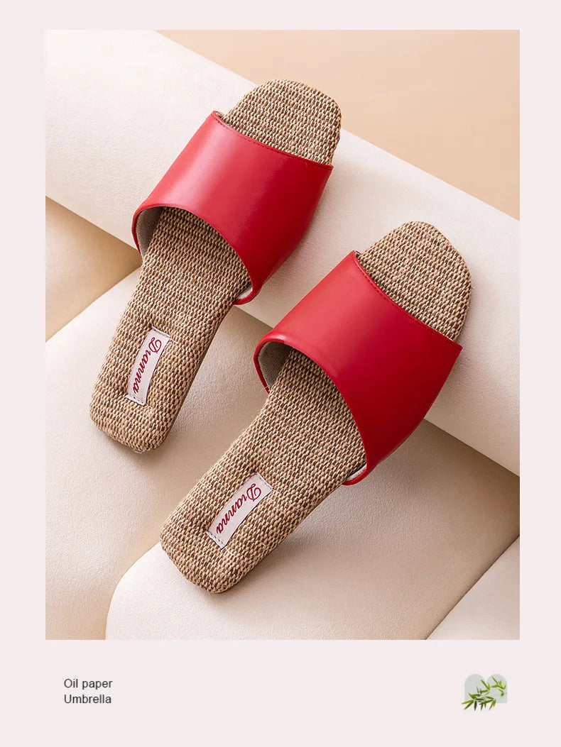 2026 New Breathable Linen Slippers For Women Men Spring Summer House Shoes Soft PU Leather Anti-slip Couples Home Floor Slides