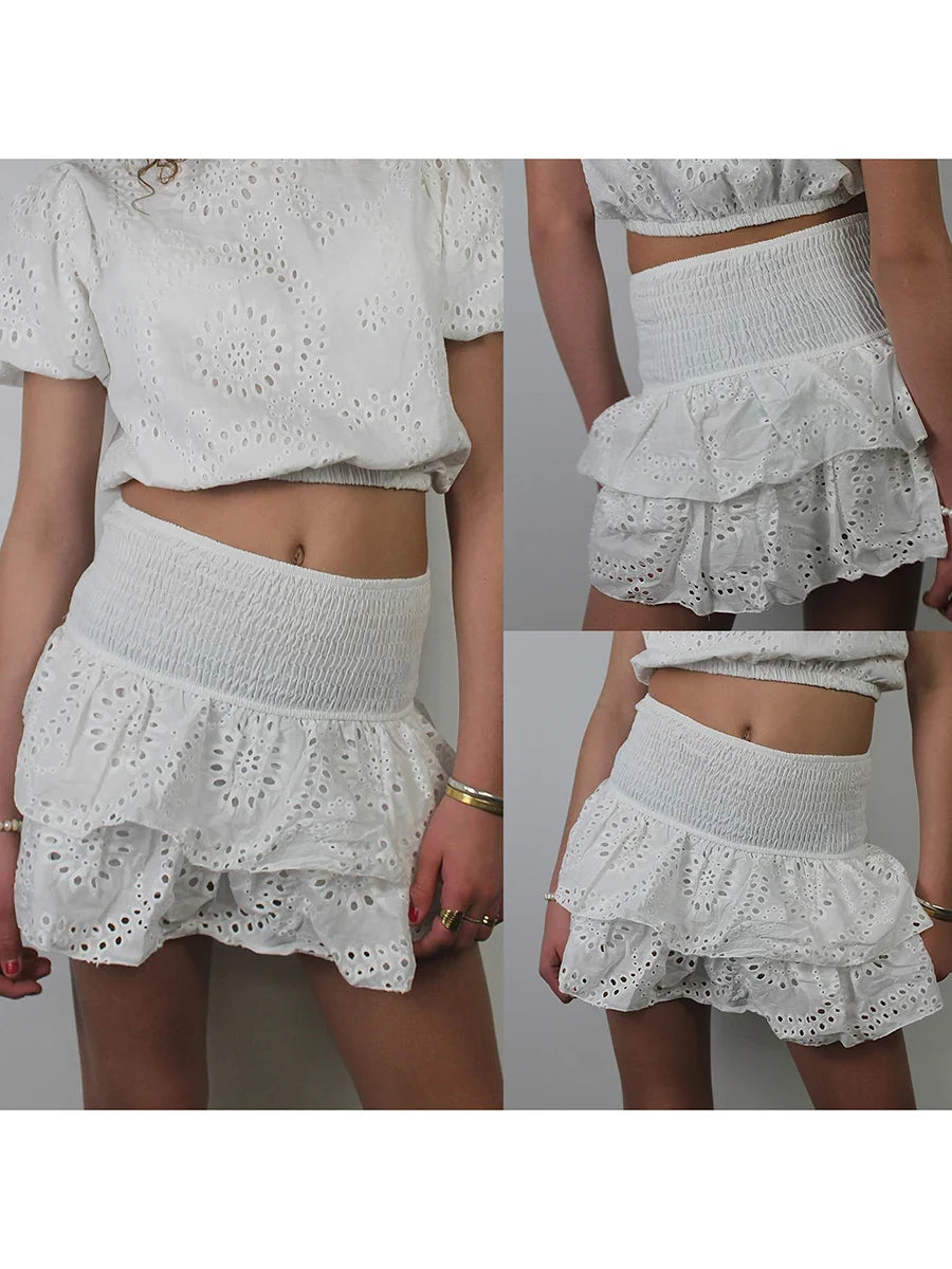 Shirred Mini Skirt A-Line Pointelle High Waist Layered Ruffle Skirt for Women 2024 Summer Solid Color Sweet Skirts