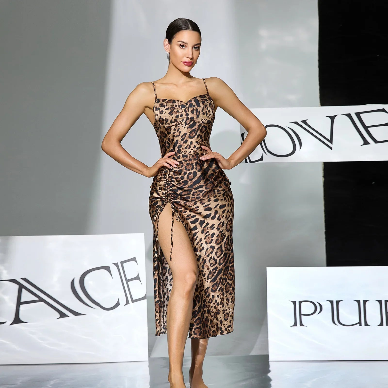 Women Sexy Leopard Print Slip Nightdress Removable Padded Drawstring High Slit Midi Nightgown Loungewear