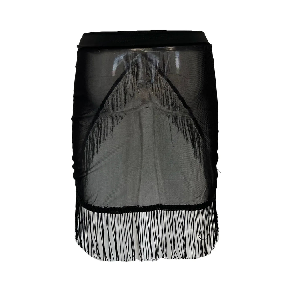 Women's Black Mesh Fringe Sarong Skirts Asymmetric Triangle Cut Swimwear Cover Up Sheer Ruched Tassel Hem Wrap Flowy Beach Skirt
