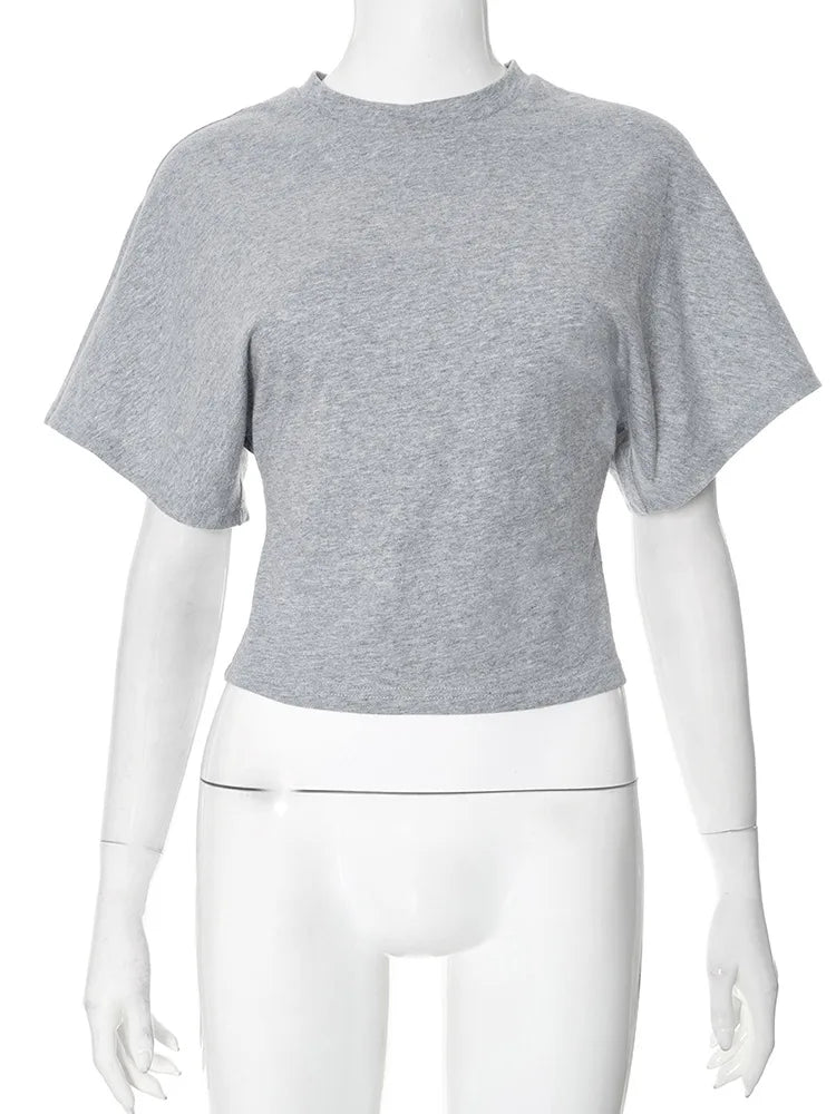 Fashion Casual Solid Gray Cropped T-shirt 2026 Woman Clothes O-neck Corset Tops Streetwear Girls Summer Autumn Short Tee Shirts