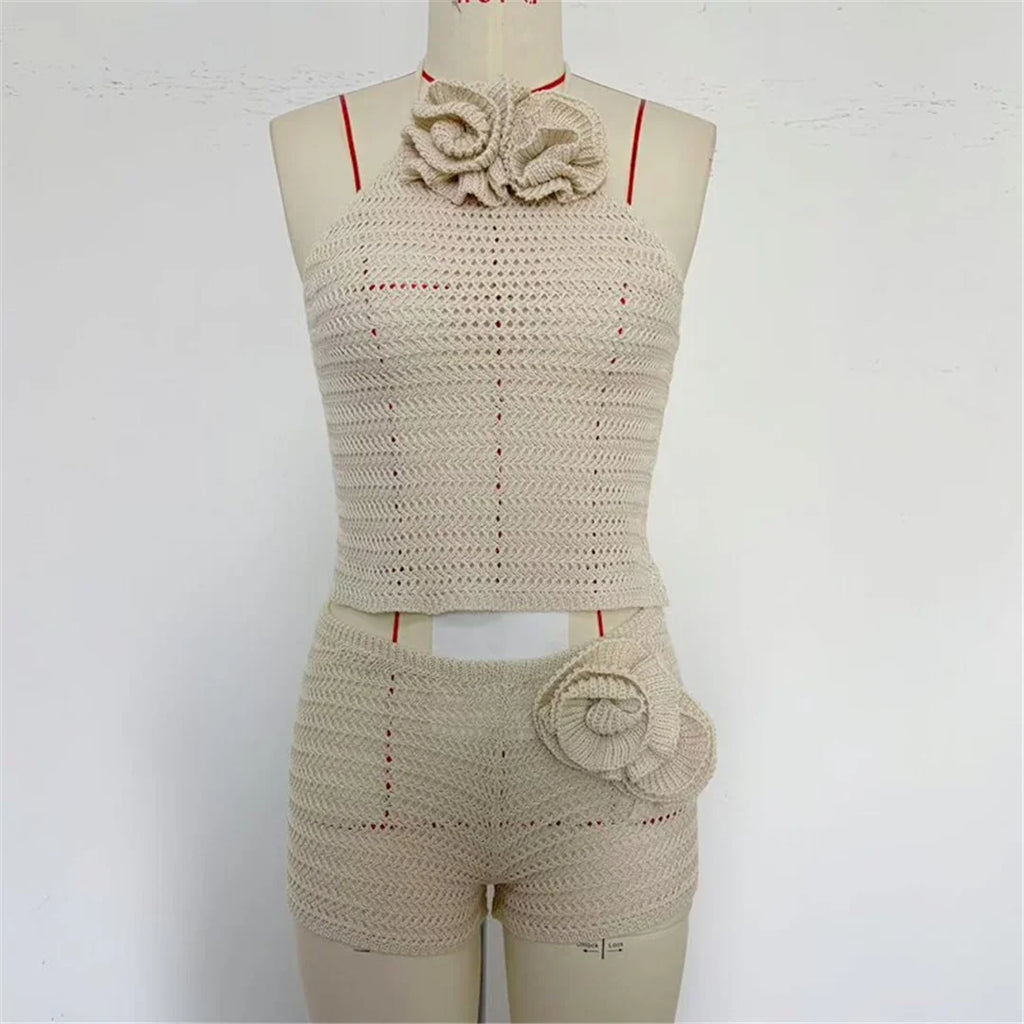 3D Flowers Halter Crochet Knitted 2 Pieces Suits Beach Cover Up Cover-ups Beach Shorts Beach Wear Beachwear Female Women K6598