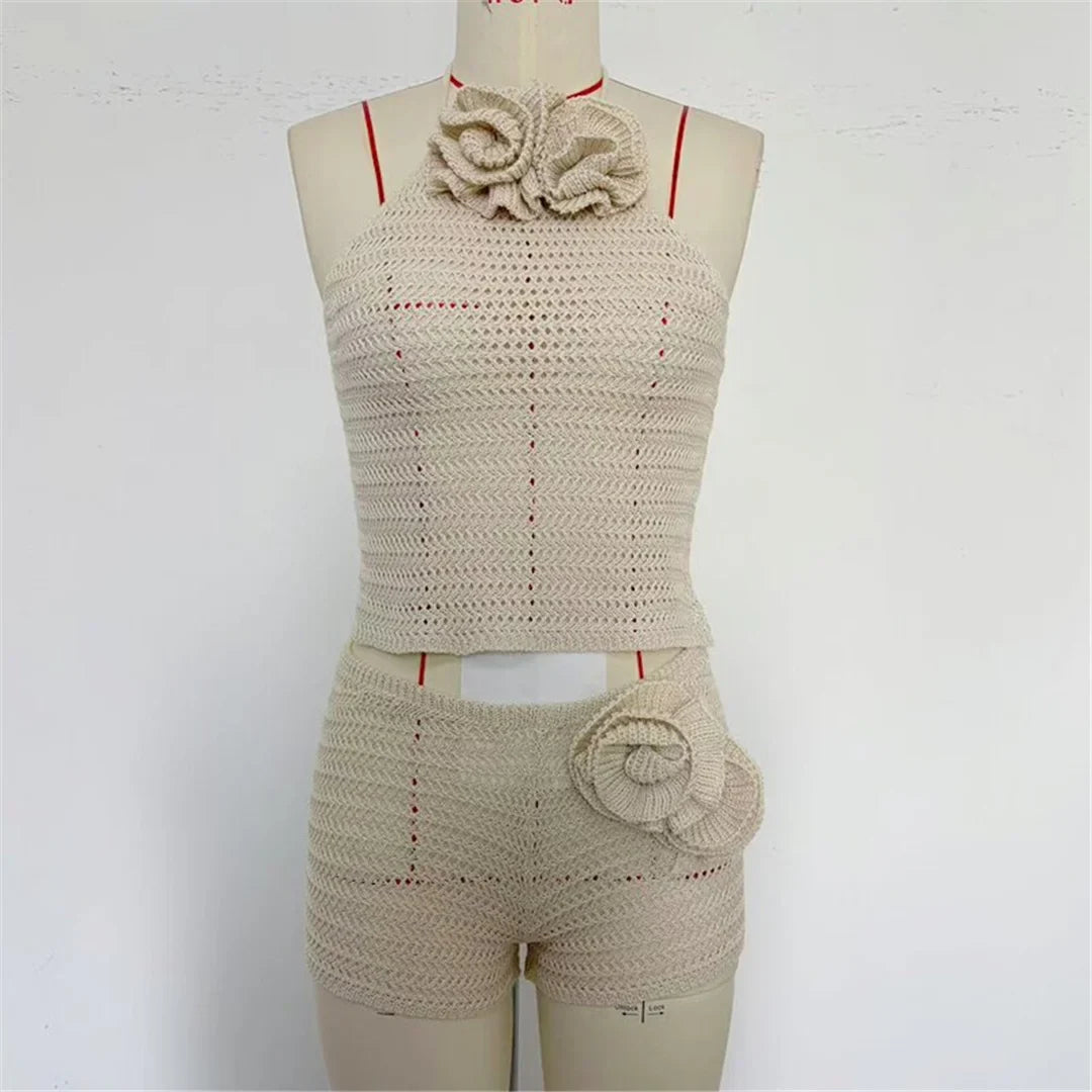 3D Flowers Halter Crochet Knitted 2 Pieces Suits Beach Cover Up Cover-ups Beach Shorts Beach Wear Beachwear Female Women K6598