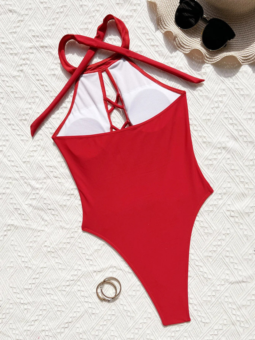 sexy front cross hollow swimsuit one piece solid halter tie bikinis thong swimwear bodysuits women biquini bathing suits 7 color