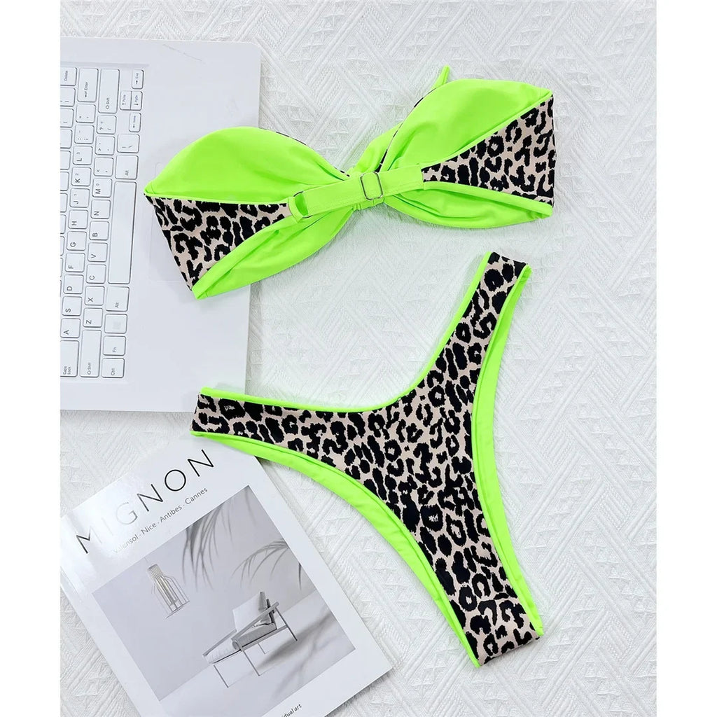Sexy Bandeau Knotted Splicing Leopard Bikini Women Swimwear Female Swimsuit Two-Pieces Bikini Set Bather Bathing Suit Swim V4179
