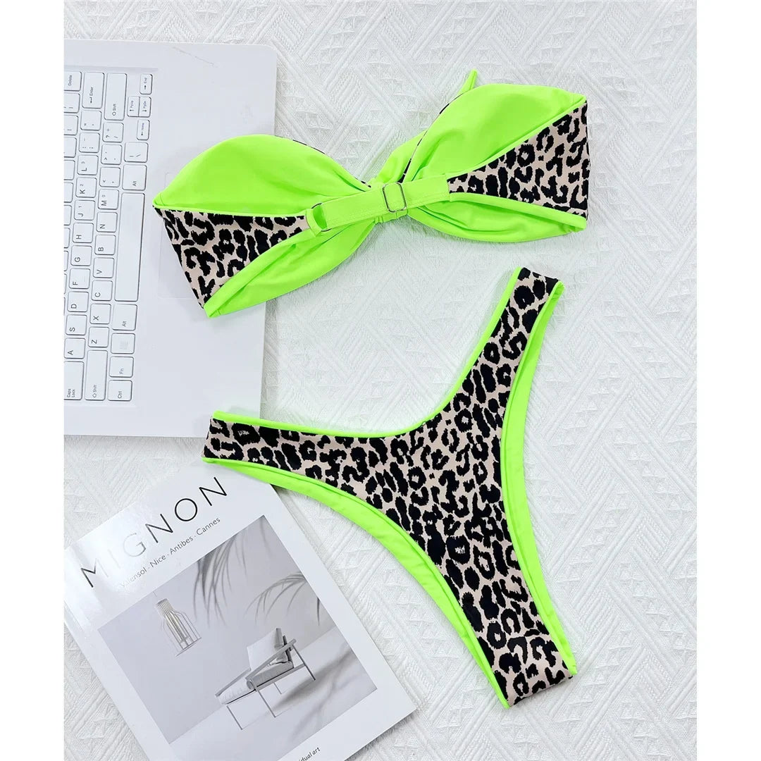 Sexy Bandeau Knotted Splicing Leopard Bikini Women Swimwear Female Swimsuit Two-Pieces Bikini Set Bather Bathing Suit Swim V4179