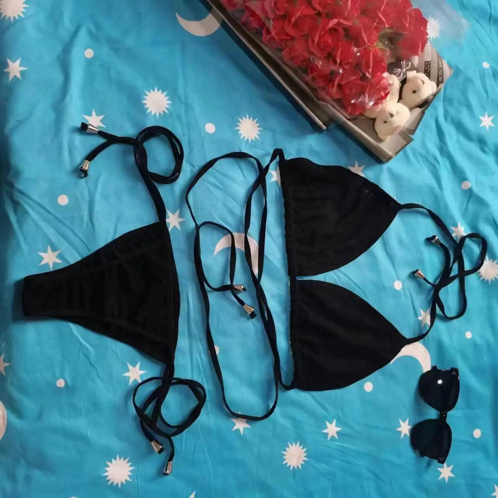 Women's Sexy Beach Bath Sunbathing Rope Two Piece Bikini Swimsuit Sexy Swimsuit Halter Neck Triangle Top String Bikini Set