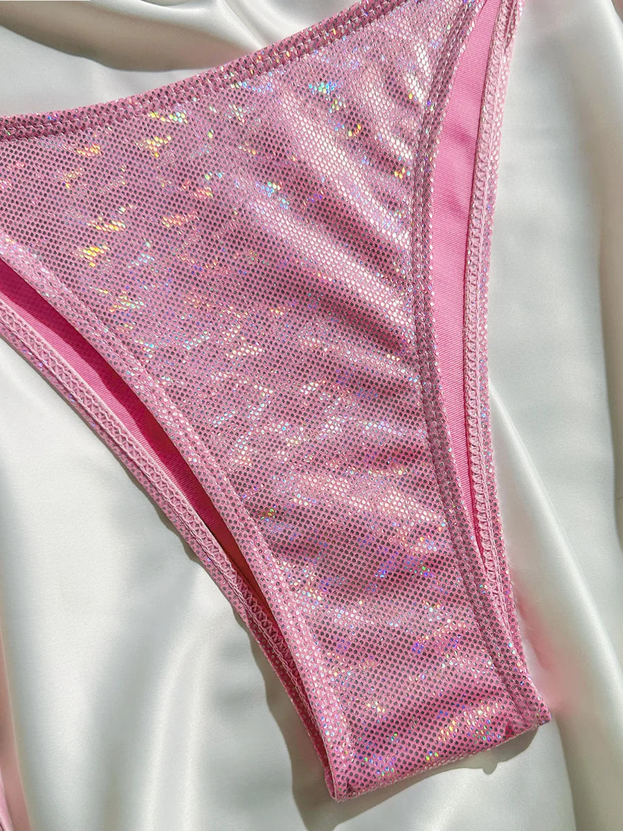 Sparkling Glitter Halter Bow Bikini Female Swimsuit Women Swimwear Two-pieces Bikini Set High Cut Bather Bathing Suit Swim Lady