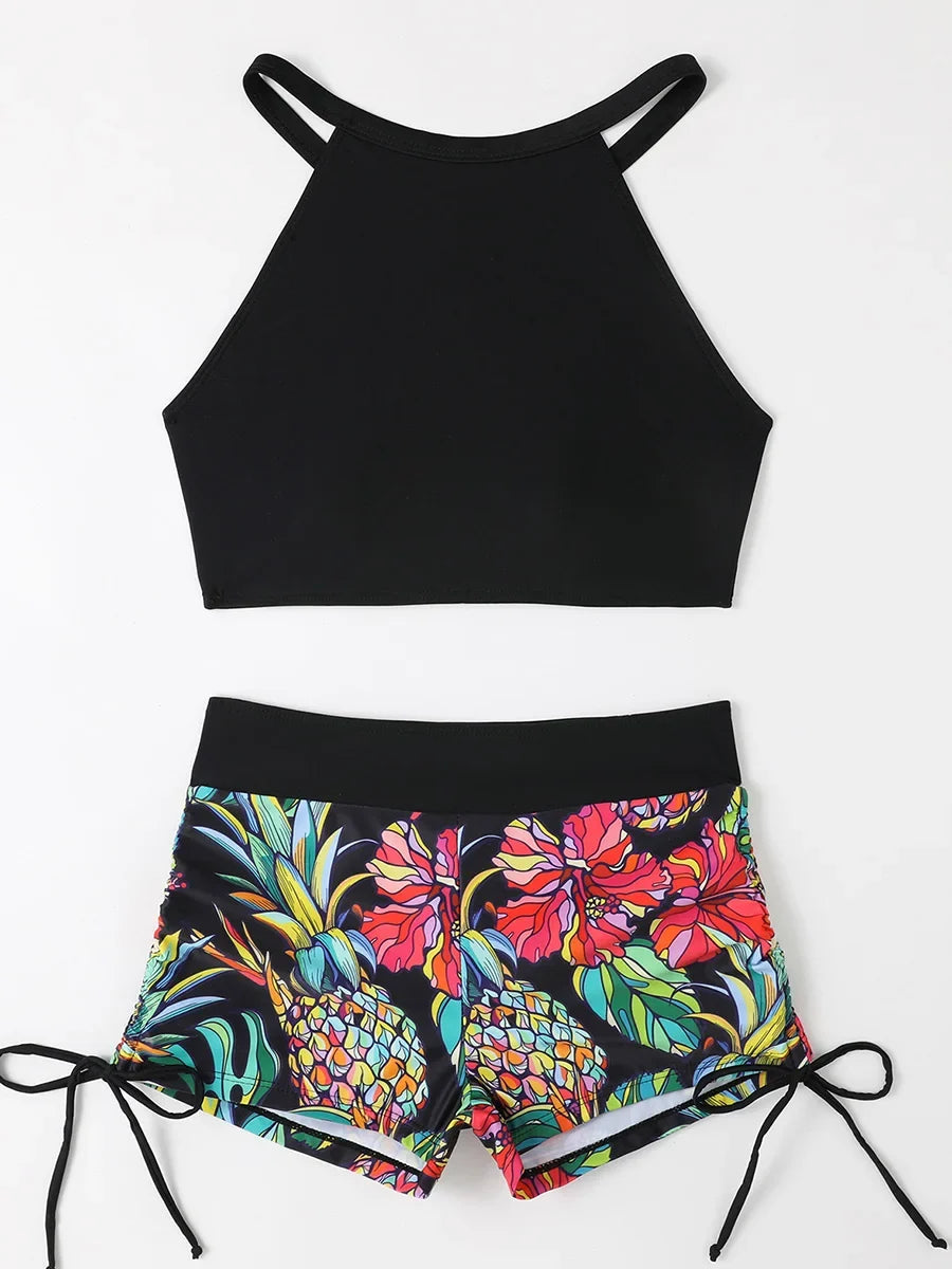 2026 Print High Waist Swimsuit Women High Neck Bikini Drawstring Swimwear Female Bathers Bathing Swimming Swim Suit Beachwear